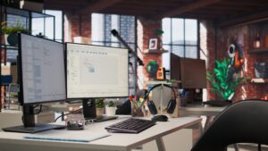 PC display on startup office desk showing programming languages written by programmers. Panning shot of computer in company workspace used for code testing and quality assurance